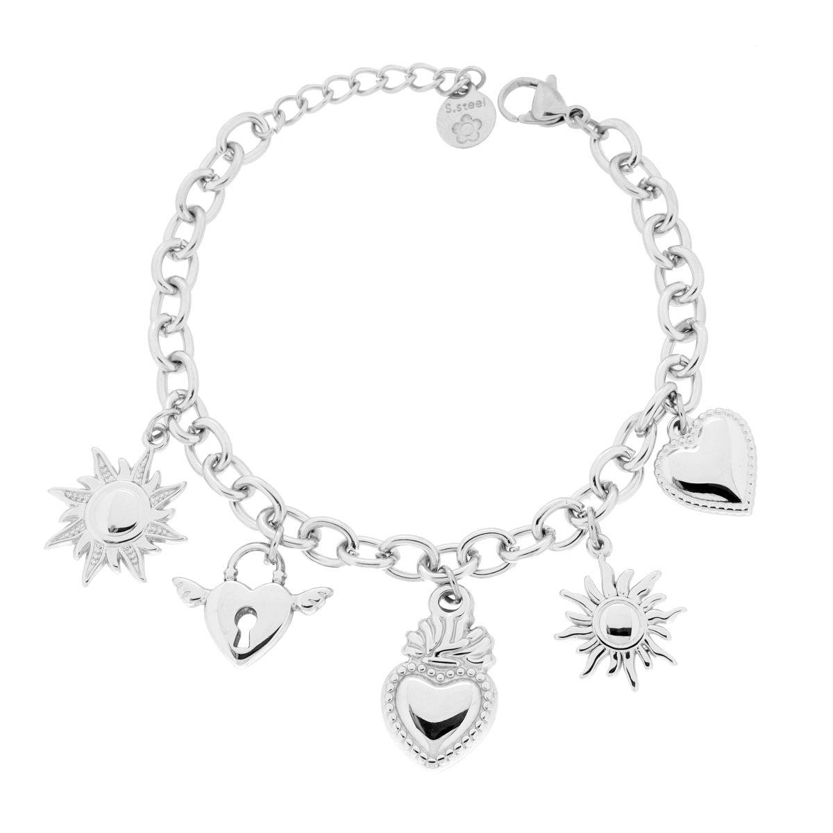 Bracciale Catena Forzatina con Charms pendenti Cuore Votivo e Lucchetto Sole e Cuore in ACCIAIO