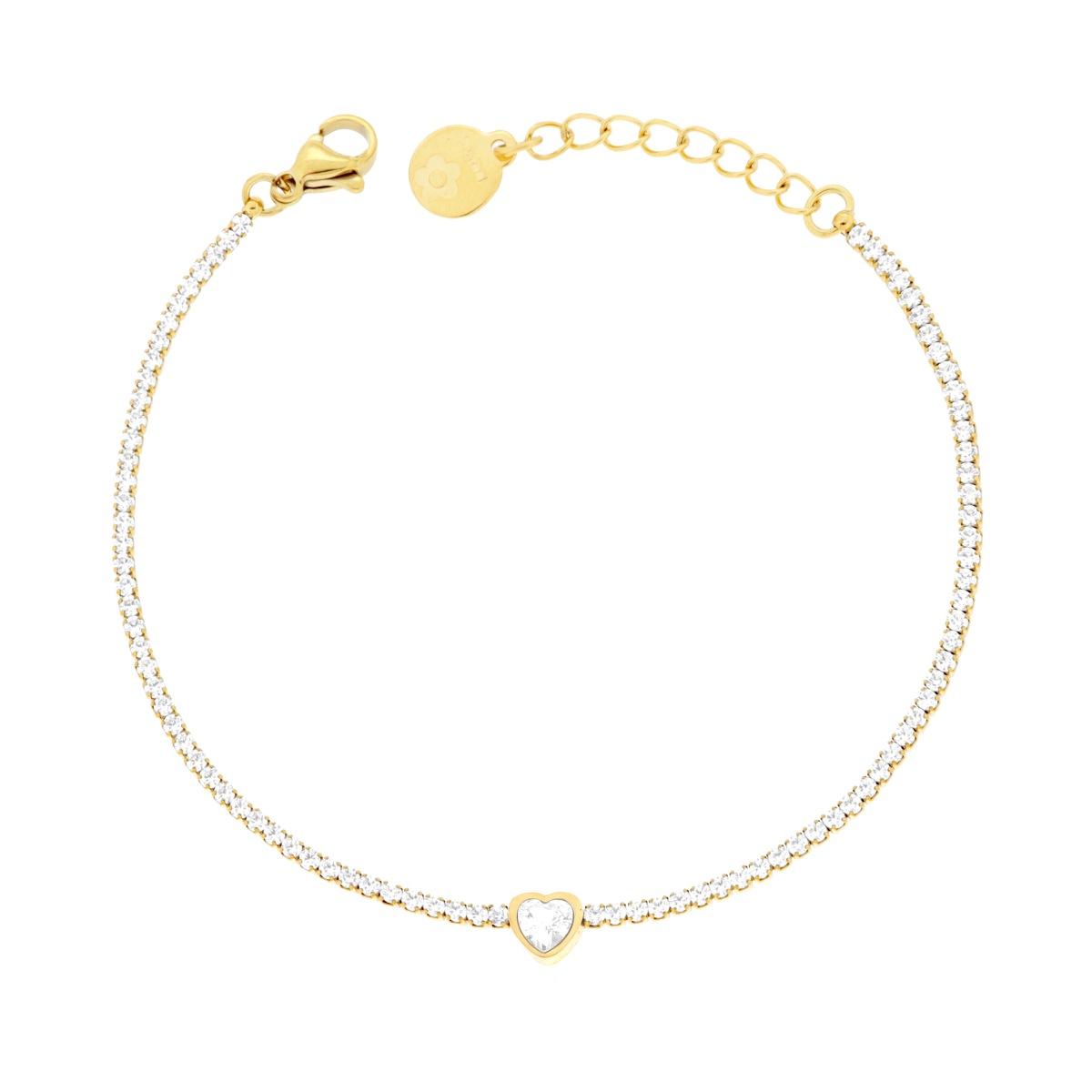 Bracciale Tennis con Cuore centrale e Crystal Bianchi cm 17+3 in ACCIAIO colore Oro