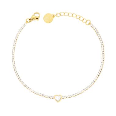 Bracciale Tennis con Cuore centrale e Crystal Bianchi cm 17+3 in ACCIAIO colore Oro