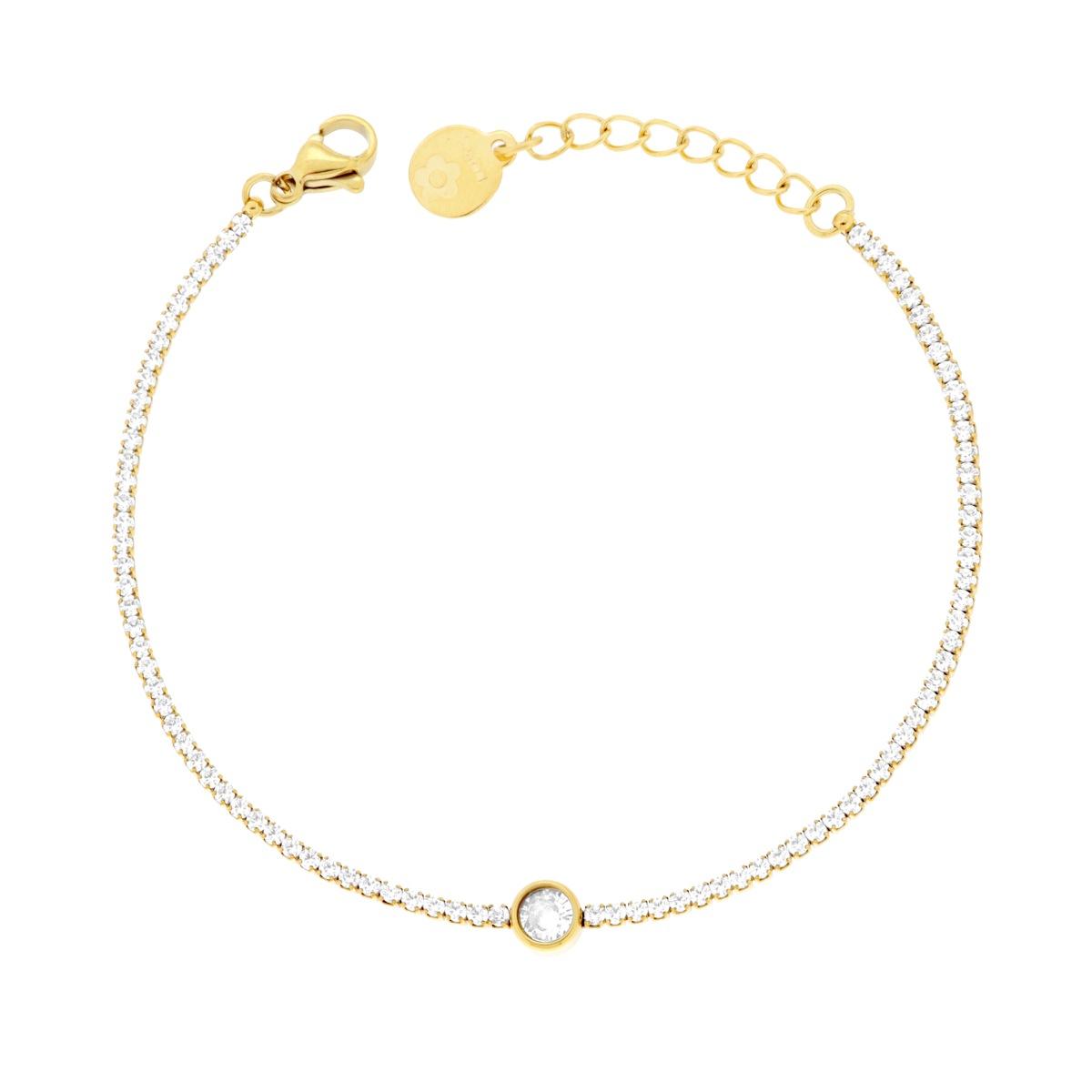 Bracciale Tennis con Tondo centrale e Crystal Bianchi cm 17+2 in ACCIAIO colore Oro