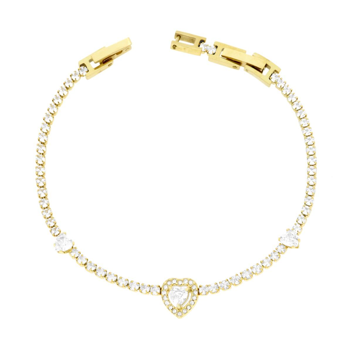 Bracciale Tennis con Cuori e Crystal Bianchi cm 17+2 in ACCIAIO Colore Oro