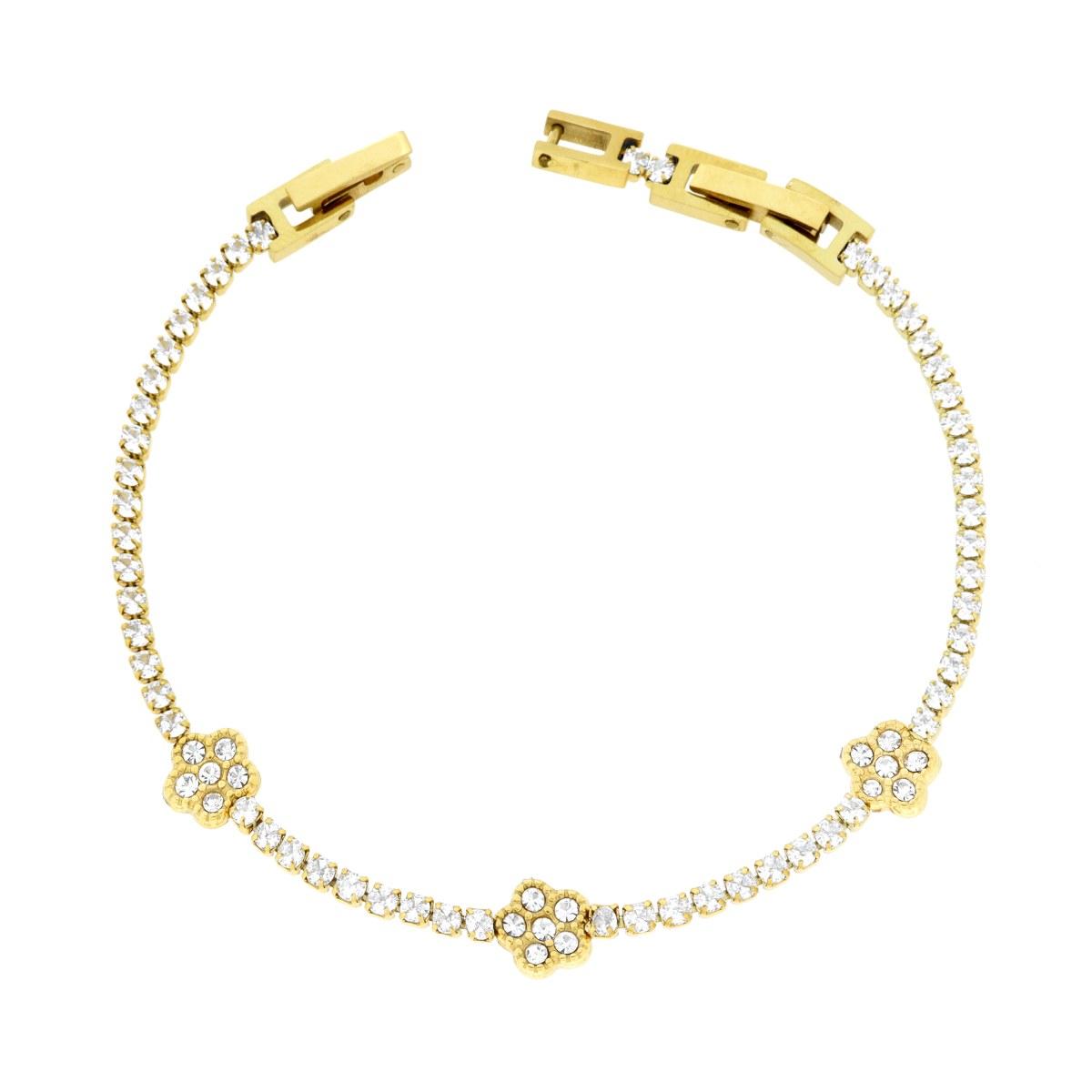 Bracciale Tennis con Fiori e Crystal Bianchi cm 17+2 in ACCIAIO Colore Oro