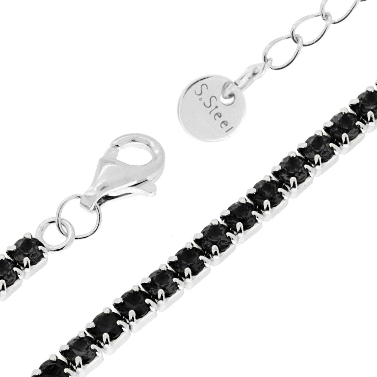 Bracciale Tennis Griffe cm 16+5 con Crystal mm 3 Nero in ACCIAIO
