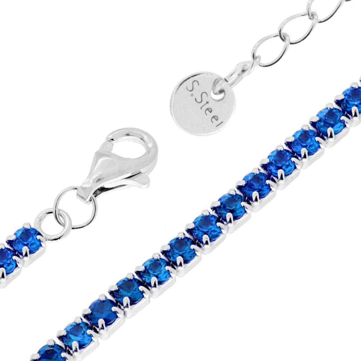 Bracciale Tennis Griffe cm 16+5 con Crystal mm 3 Blu Zaffiro in ACCIAIO