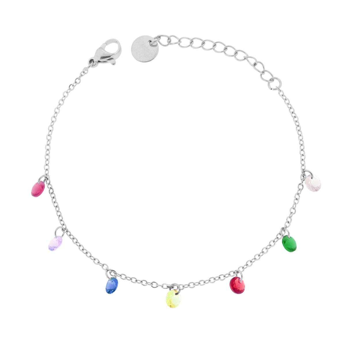 Bracciale Catena Forzatina Diamantata con Crystal Multicolor pendenti in ACCIAIO