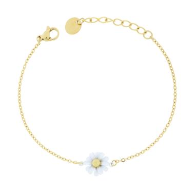 Bracciale Catena Forzatina Diamantata con Fiore Smalto Bianco in ACCIAIO colore Oro