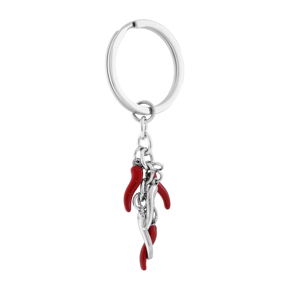 Portachiavi Uomo Donna ad Anello con soggetti Portafortuna Corni Smalto Rosso in ACCIAIO