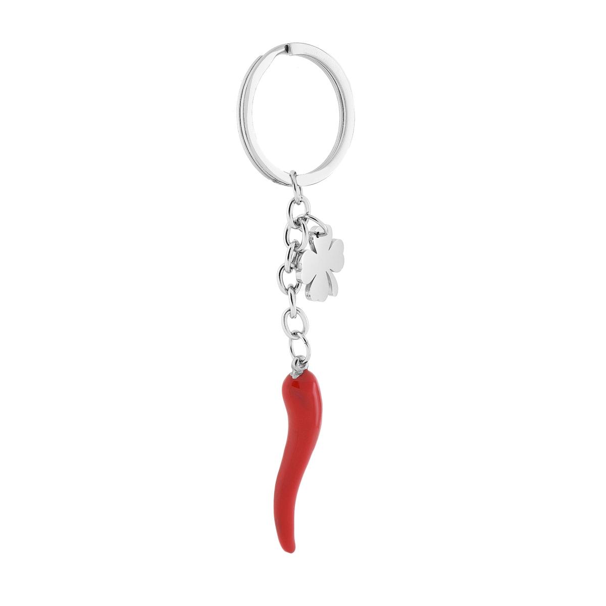 Portachiavi Uomo Donna ad Anello con soggetti Portafortuna Quadrifoglio e Corno Smalto Rosso in ACCIAIO