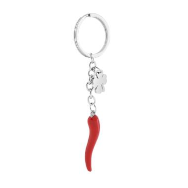 Portachiavi Uomo Donna ad Anello con soggetti Portafortuna Quadrifoglio e Corno Smalto Rosso in ACCIAIO