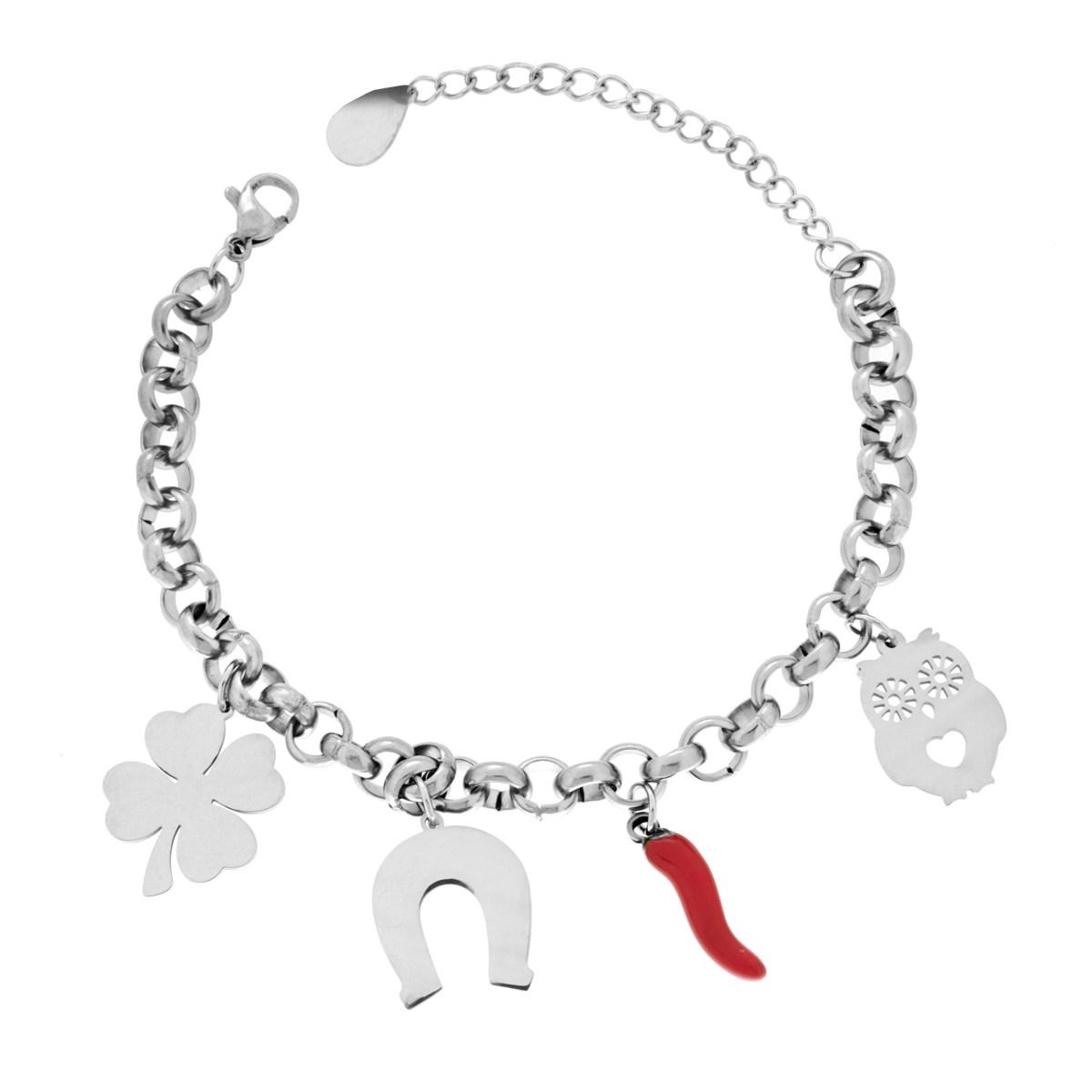 Bracciale Catena Rolo con Charms Portafortuna e Corno Smalto Rosso pendenti in ACCIAIO