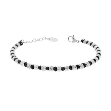 Bracciale Catena di Cilindretti Martellati alternati a Nodi in Cotone Nero in ACCIAIO