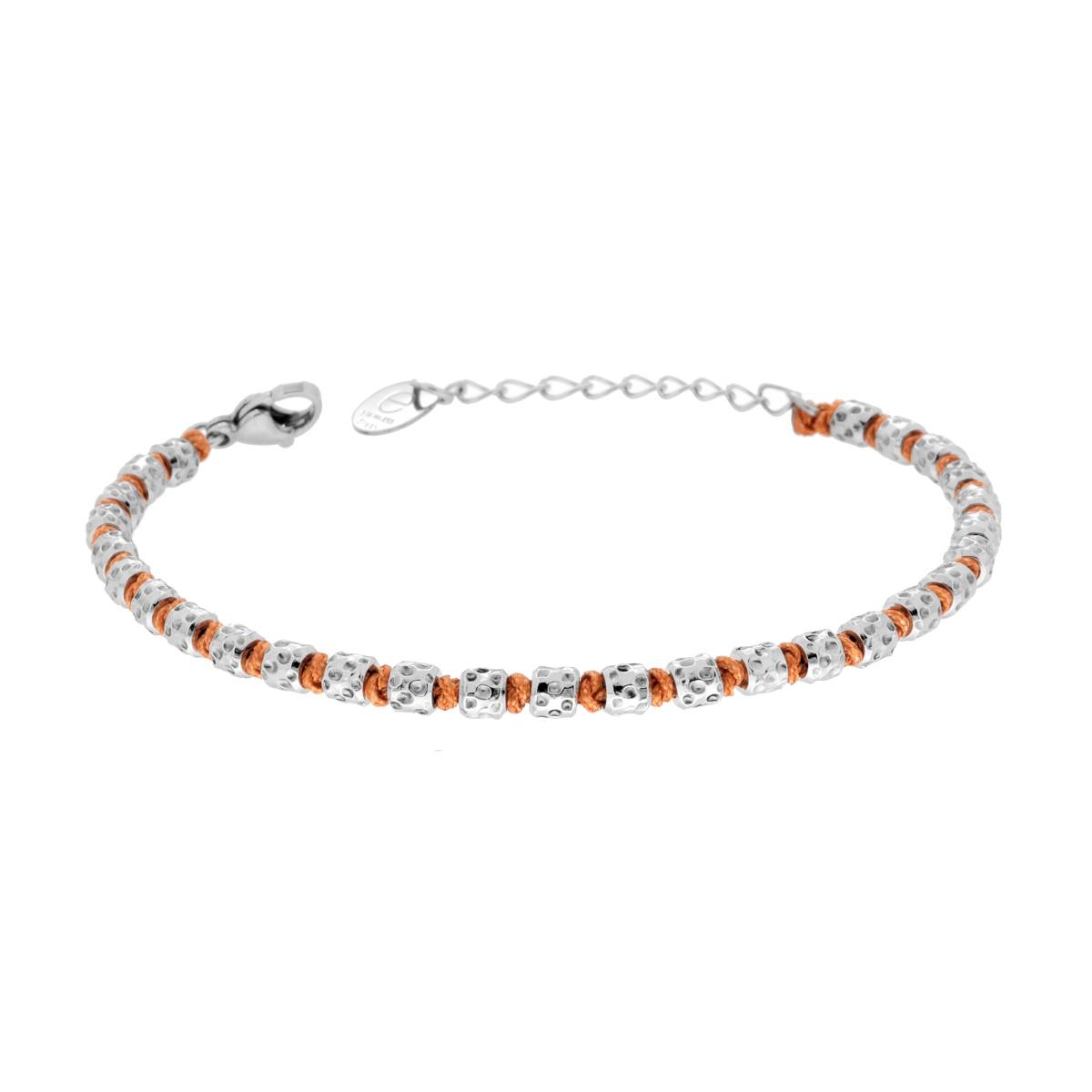 Bracciale Catena di Cilindretti Martellati alternati a Nodi in Cotone Arancione in ACCIAIO
