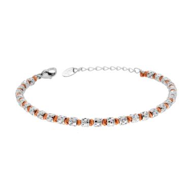 Bracciale Catena di Cilindretti Martellati alternati a Nodi in Cotone Arancione in ACCIAIO