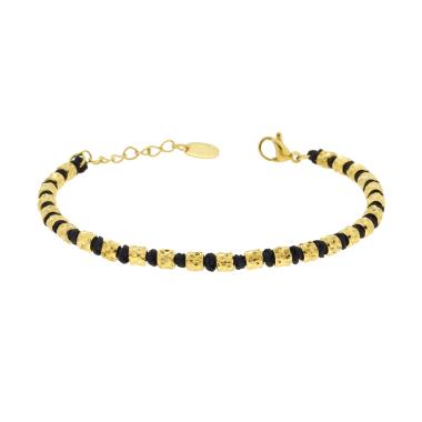 Bracciale Catena di Cilindretti Martellati alternati a Nodi in Cotone Nero in ACCIAIO colore Oro