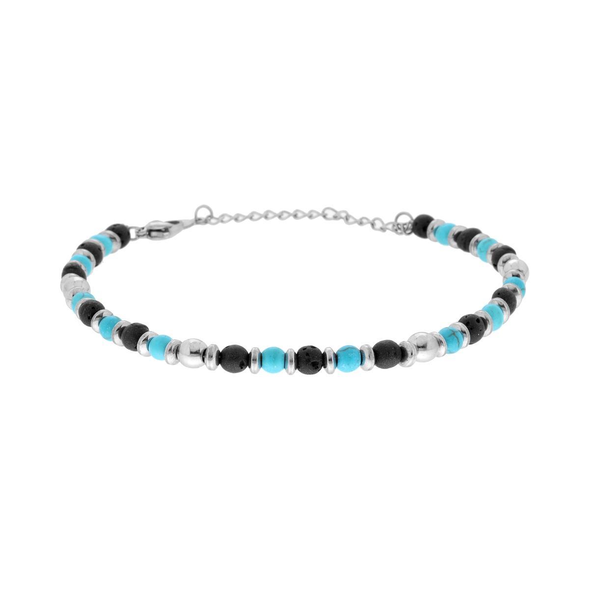 Bracciale Catena con Anelli Palline e Pietre Turchese e Nero in ACCIAIO