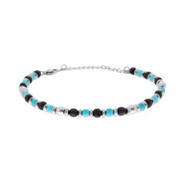 Bracciale Catena con Anelli Palline e Pietre Turchese e Nero in ACCIAIO