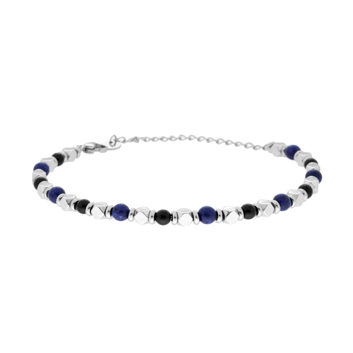 Bracciale Catena con Cubetti e Pietre Blu Lapislazzuli e Nere Onice in ACCIAIO