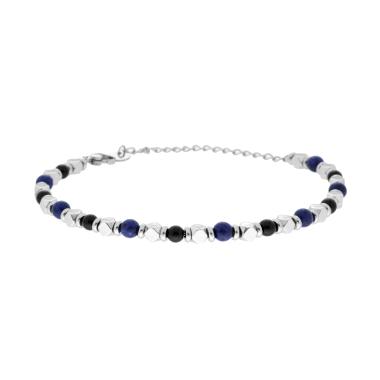 Bracciale Catena con Cubetti e Pietre Blu Lapislazzuli e Nere Onice in ACCIAIO