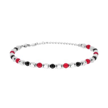 Bracciale Catena con Cubetti e Pietre Rosso Corniola e Nero Onice in ACCIAIO