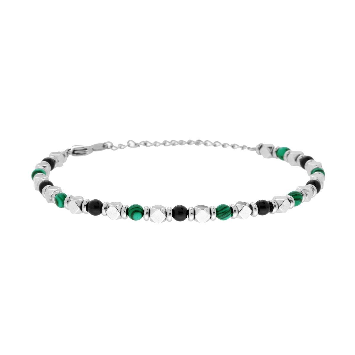 Bracciale Catena con Cubetti e Pietre Verde Malachite e Nere Onice in ACCIAIO