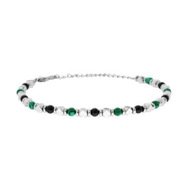 Bracciale Catena con Cubetti e Pietre Verde Malachite e Nere Onice in ACCIAIO
