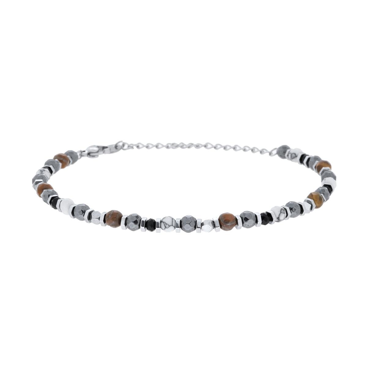 Bracciale Catena con Bulloncini alternati a Pietre Occhio di Tigre e Bianco Howlite in ACCIAIO
