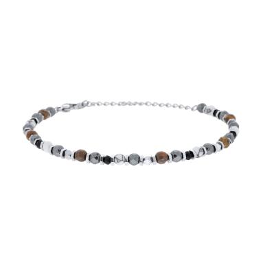 Bracciale Catena con Bulloncini alternati a Pietre Occhio di Tigre e Bianco Howlite in ACCIAIO