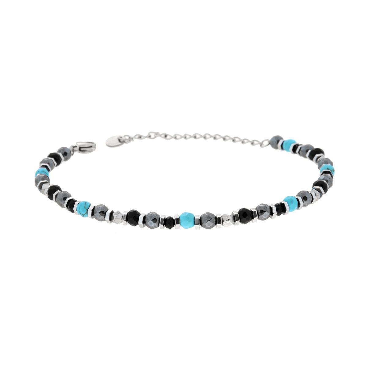 Bracciale Catena con Bulloncini alternati a Pietre Turchese e Multicolor in ACCIAIO