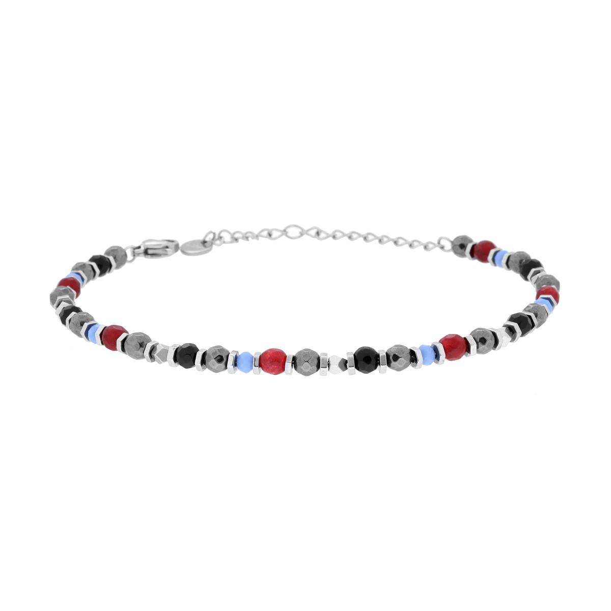 Bracciale Catena con Bulloncini alternati a Pietre Corniola Rosso e Multicolor in ACCIAIO