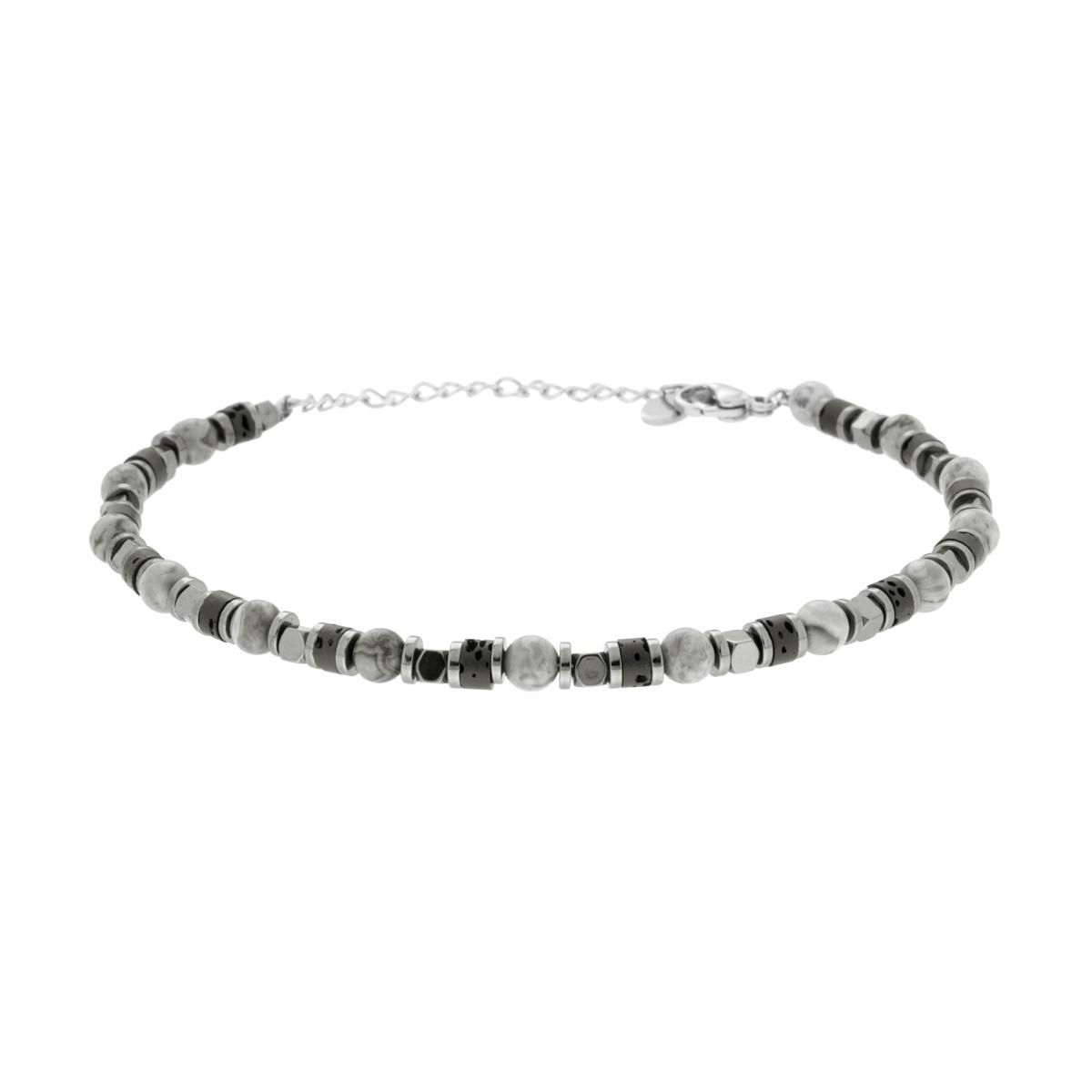 Bracciale Catena con Cubetti Cilindretti e Pietre Grigie in ACCIAIO