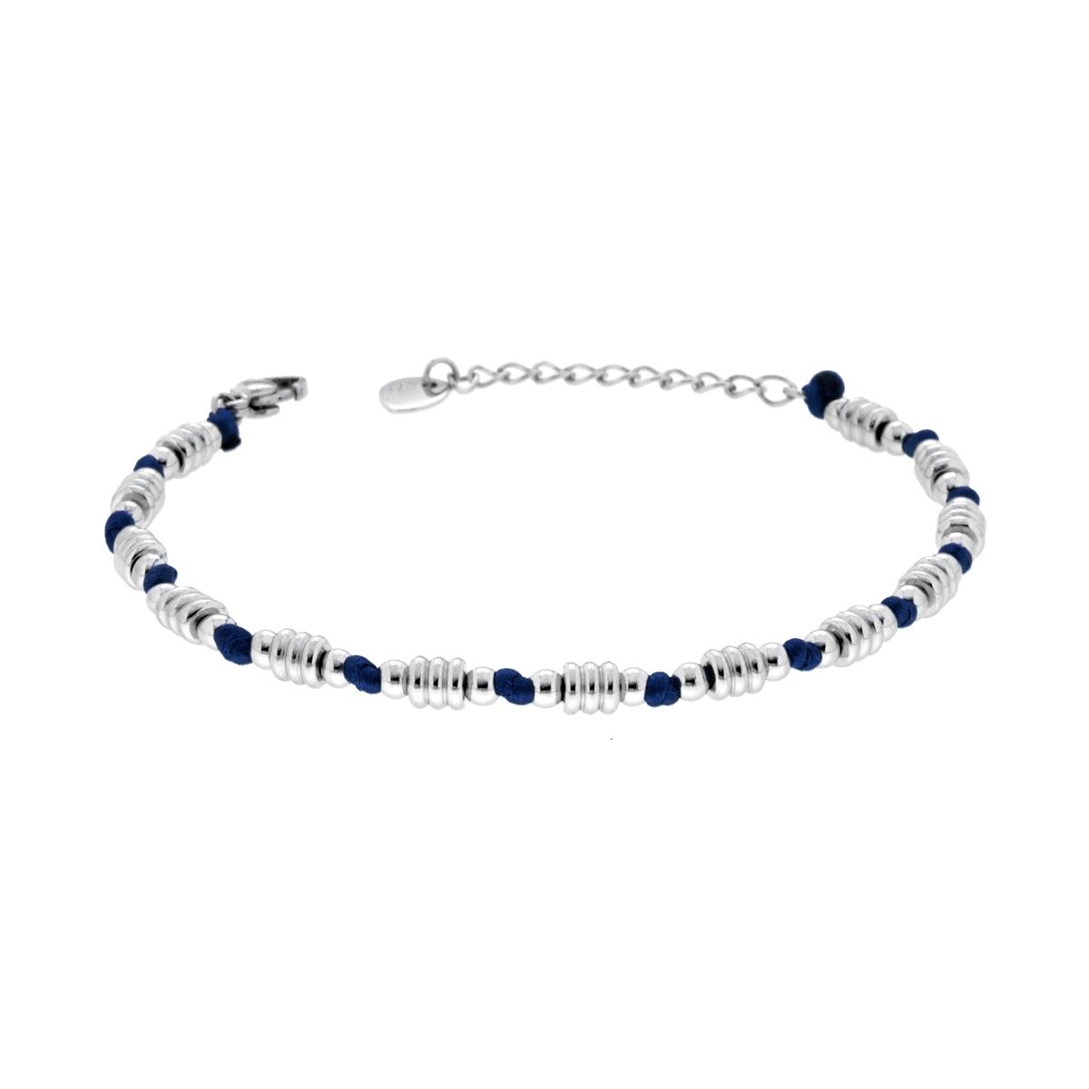 Bracciale Catena di Anelli e Palline alternate a Nodi in Cotone Blu in ACCIAIO