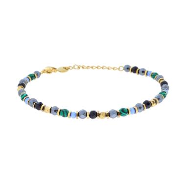 Bracciale Catena con Bulloncini alternati a Pietre Verde Malachite e Multicolor in ACCIAIO colore Oro
