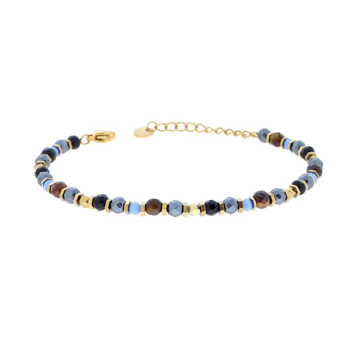 Bracciale Catena con Bulloncini alternati a Pietre Occhio di Tigre e Multicolor in ACCIAIO colore Oro