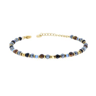 Bracciale Catena con Bulloncini alternati a Pietre Occhio di Tigre e Multicolor in ACCIAIO colore Oro