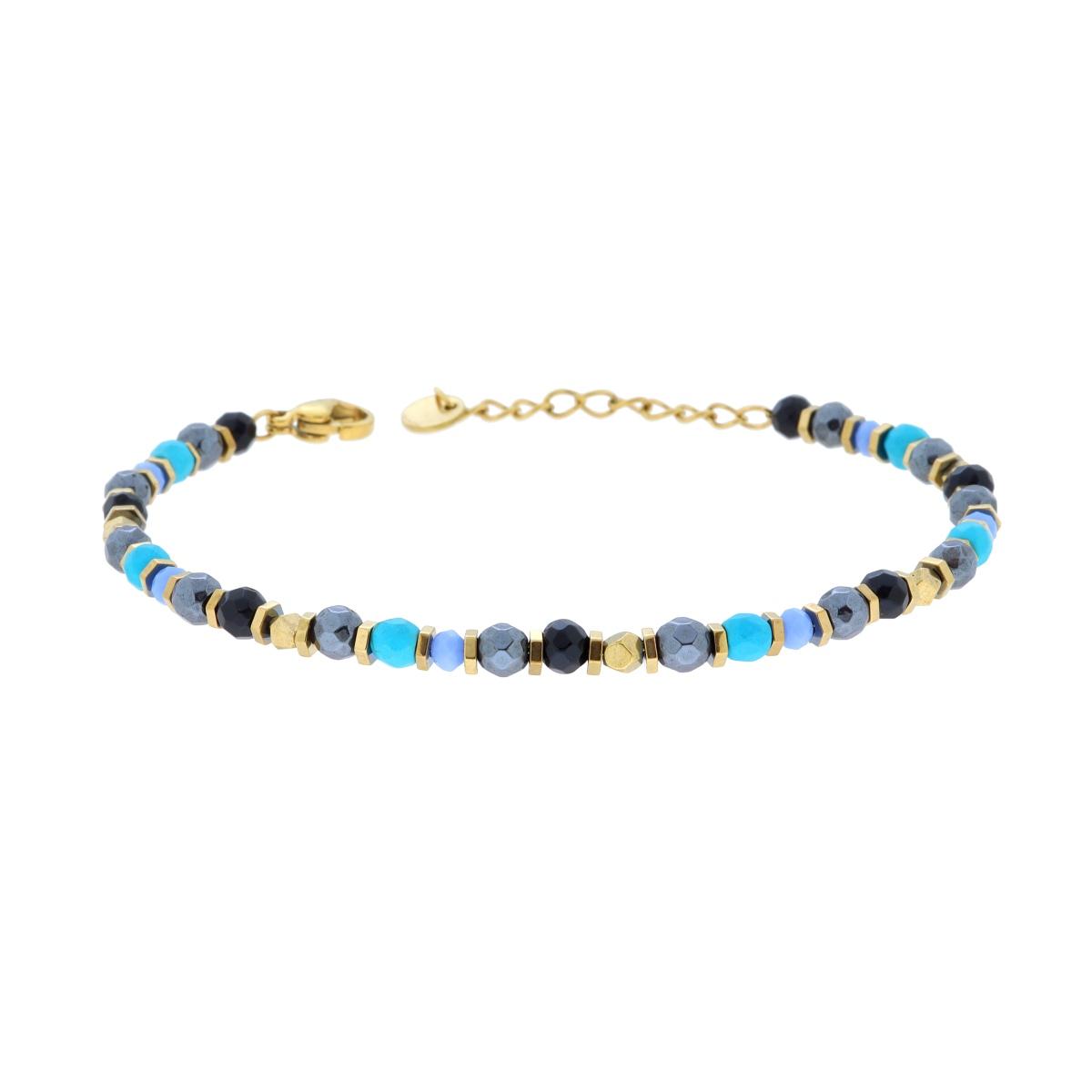 Bracciale Catena con Bulloncini alternati a Pietre Turchese e Multicolor in ACCIAIO colore Oro