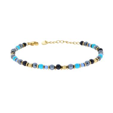 Bracciale Catena con Bulloncini alternati a Pietre Turchese e Multicolor in ACCIAIO colore Oro