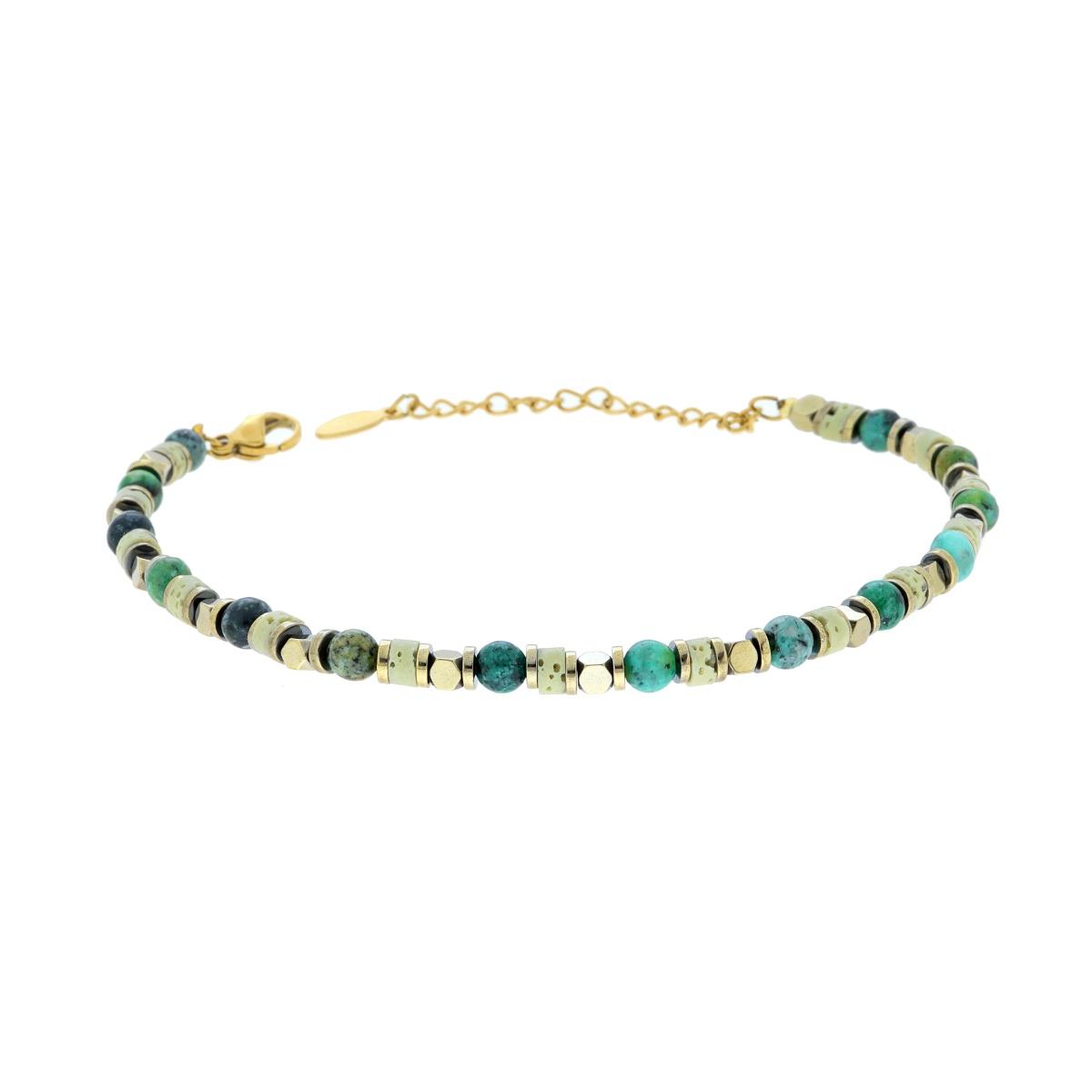 Bracciale Catena con Cubetti Cilindretti e Pietre Verdi in ACCIAIO colore Oro