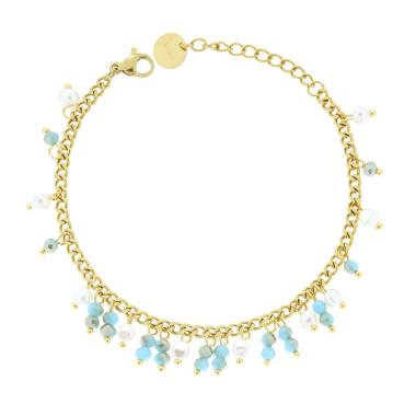 Bracciale Catena Grumetta con Perle Bianche e Crystal Turchese in ACCIAIO colore Oro