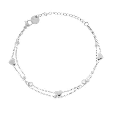 Bracciale due fili Catena Forzatina Diamantata con Cuori Bombati e Crystal Bianchi in ACCIAIO