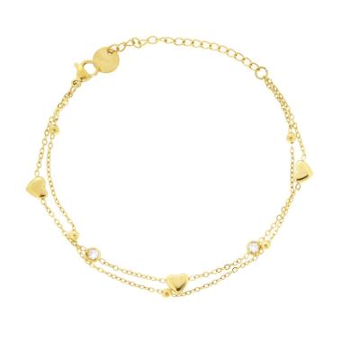 Bracciale due fili Catena Forzatina Diamantata con Cuori Bombati e Crystal Bianchi in ACCIAIO colore Oro