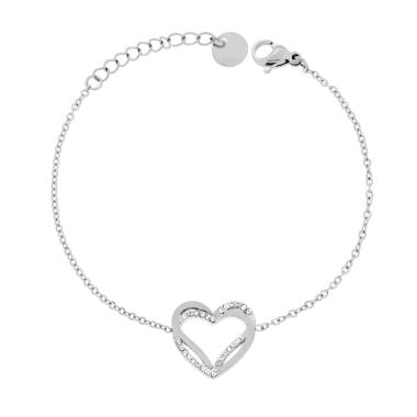 Bracciale Catena Forzatina Diamantata con doppio Cuore e Crystal Bianchi in ACCIAIO
