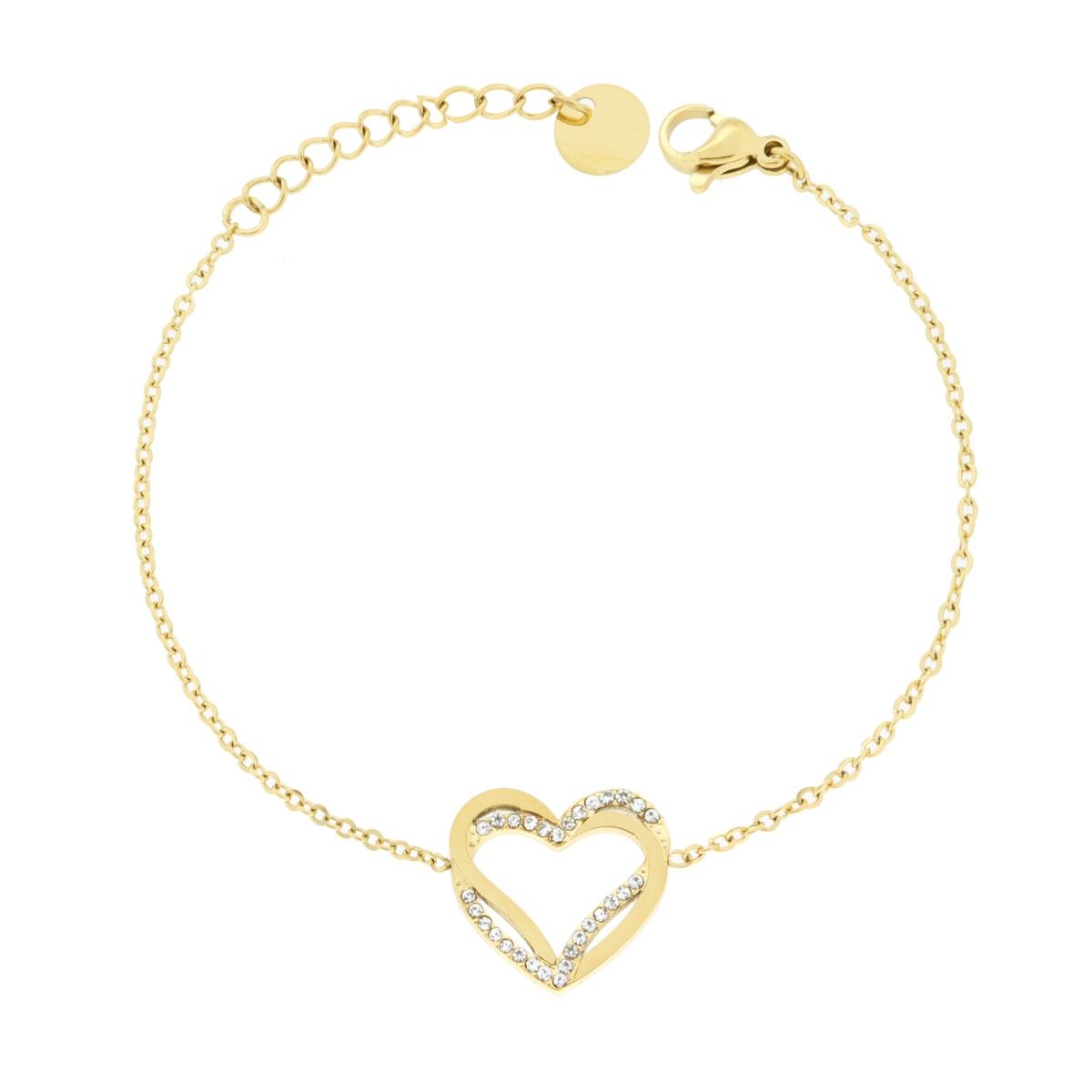 Bracciale Catena Forzatina Diamantata con doppio Cuore e Crystal Bianchi in ACCIAIO colore Oro