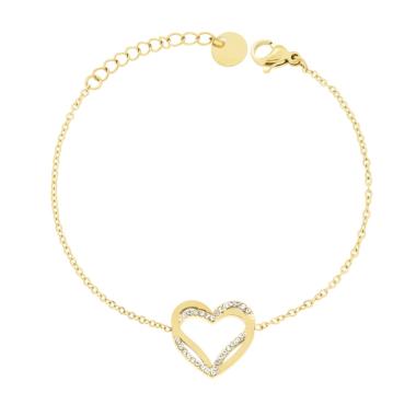 Bracciale Catena Forzatina Diamantata con doppio Cuore e Crystal Bianchi in ACCIAIO colore Oro