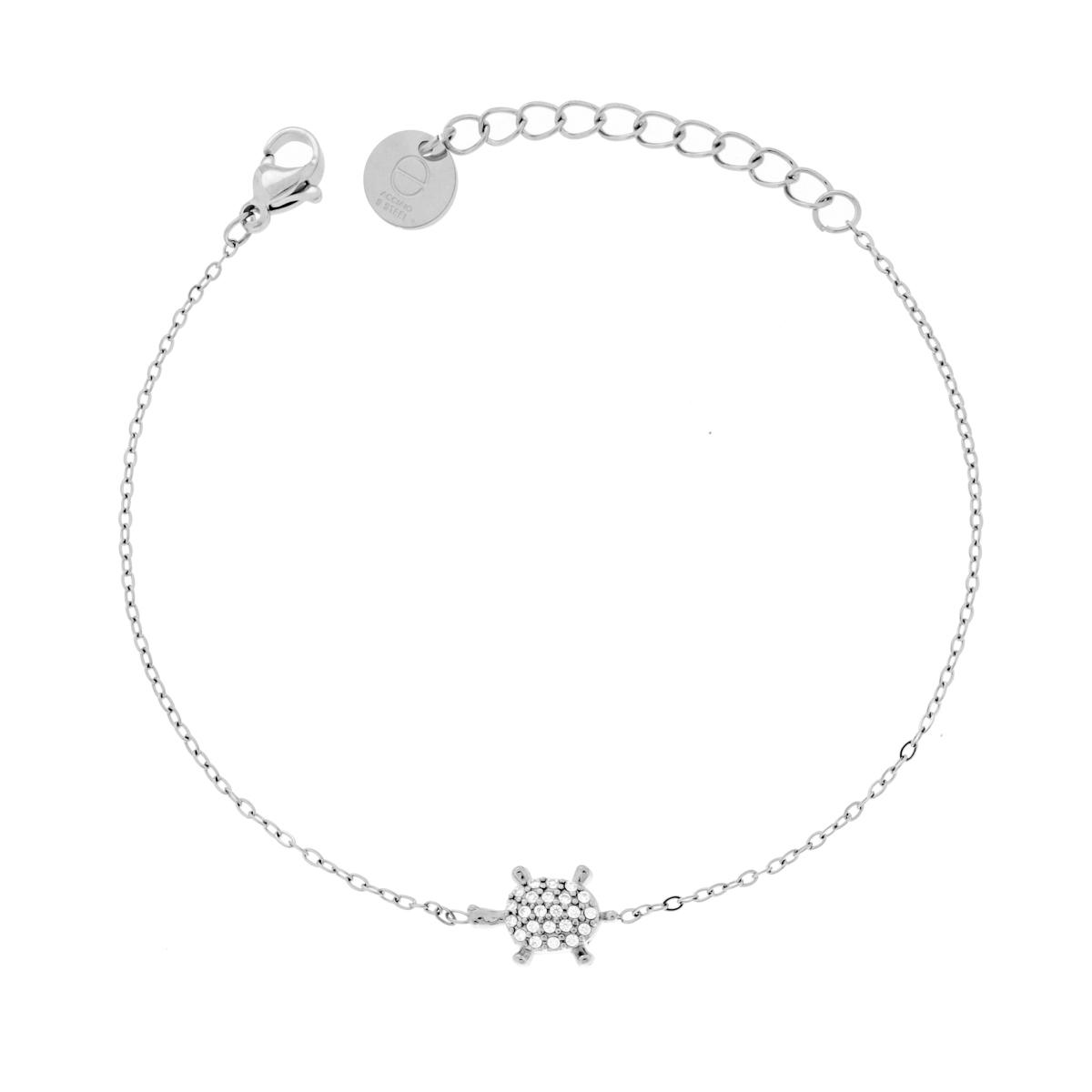 Bracciale Catena Forzatina Diamantata con Tartaruga e Crystal Bianchi in ACCIAIO