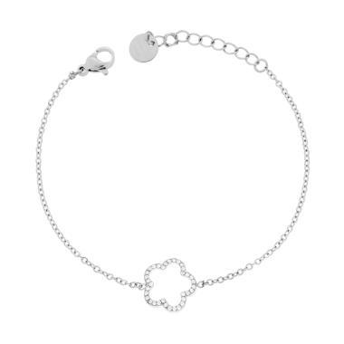 Bracciale Catena Forzatina Diamantata con Fiore e Crystal Bianchi in ACCIAIO