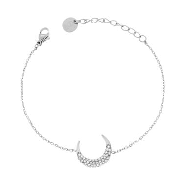 Bracciale Catena Forzatina Diamantata con Luna e Crystal Bianchi in ACCIAIO