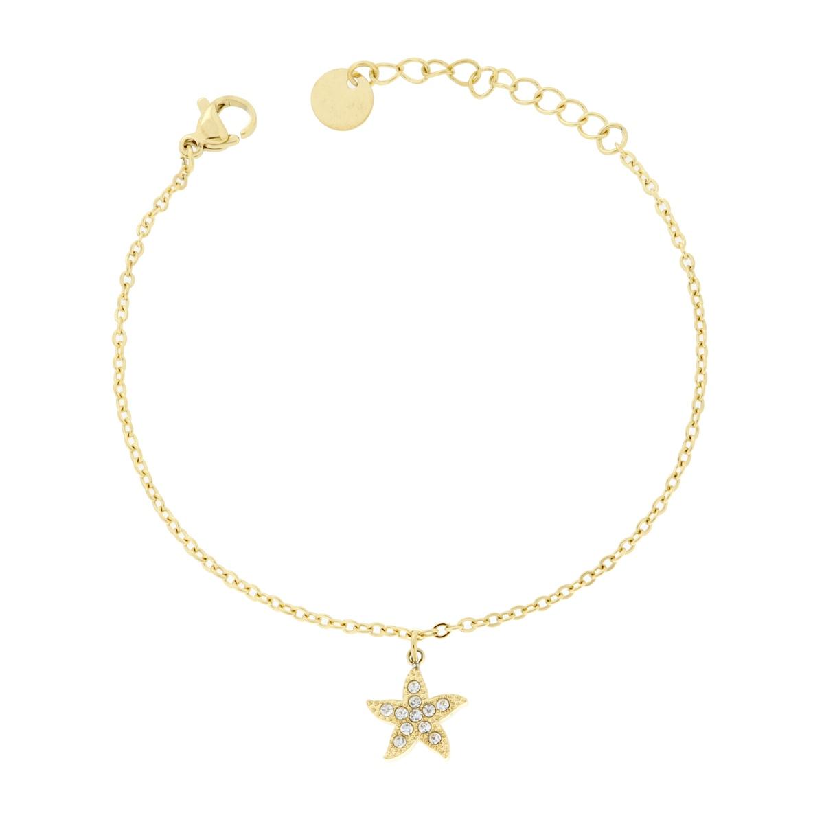 Bracciale Catena Forzatina Diamantata con Stella Marina e Crystal Bianchi in ACCIAIO colore Oro