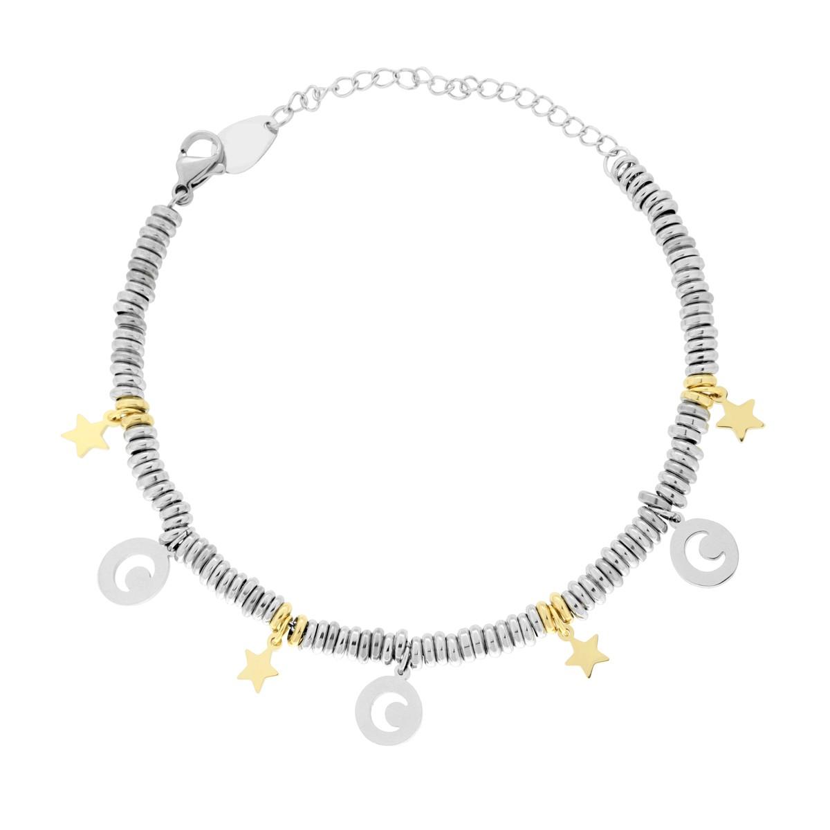 Bracciale Catena con Anelli Luna e Stelle colore oro pendenti in ACCIAIO