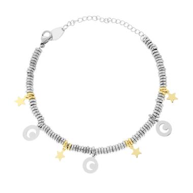Bracciale Catena con Anelli Luna e Stelle colore oro pendenti in ACCIAIO