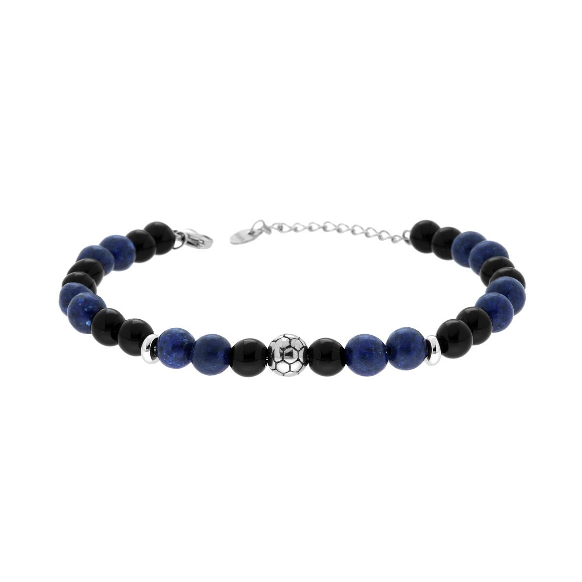 Bracciale Catena con Pietre Nero Onice e Blu Lapislazzuli con Palla da Calcio in ACCIAIO